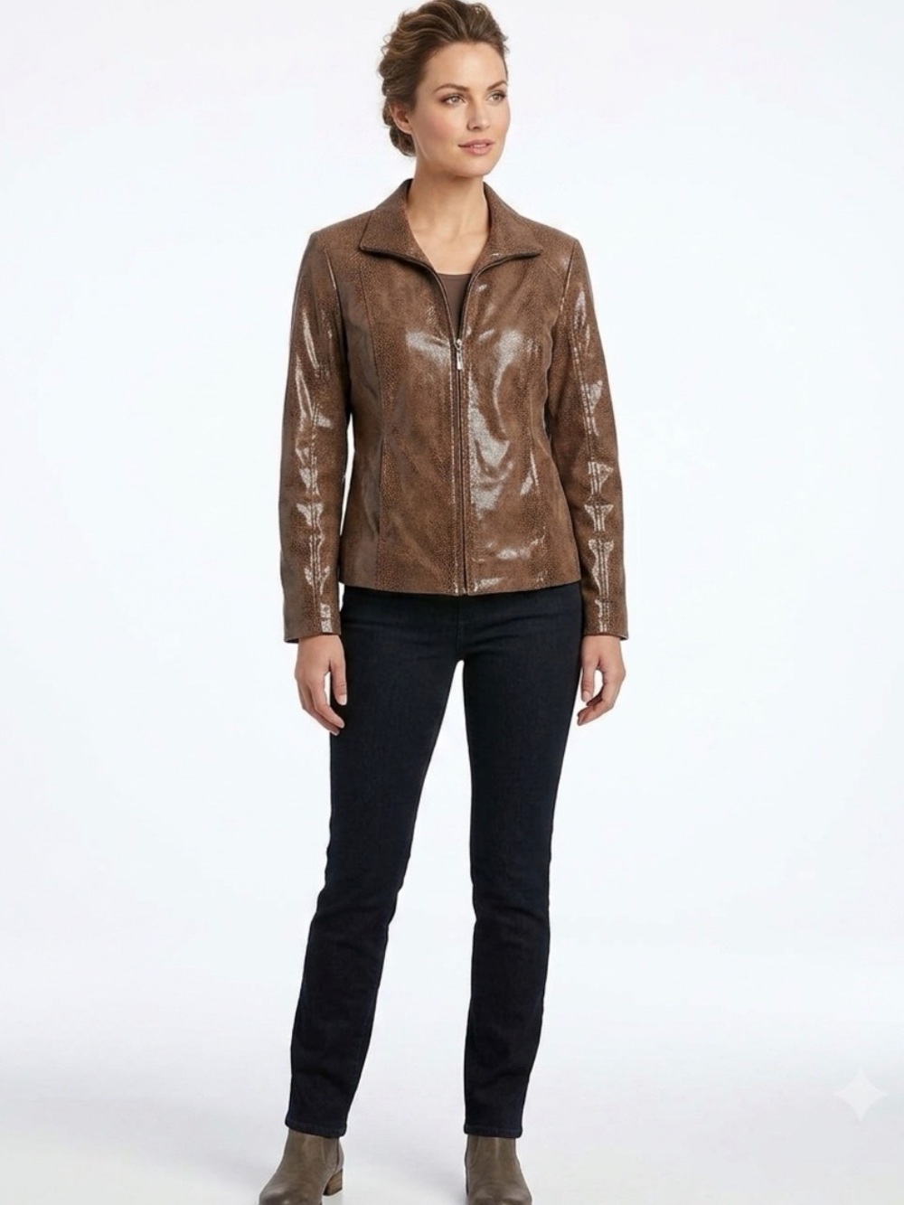 Preston & York Brown Glossy Leather Zip Jacket Vintage Medium